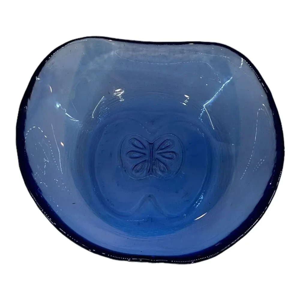 Apple Shaped Blue Art Glass Bowl Fruit Dish Imprinted Core Cottagecore Vintage